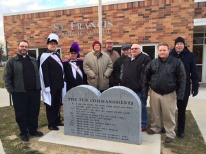 Dedication of Ten Commandments monument at St. Francis School on Dec 18, 2015. Msgr. Jim Miller drove in from Dubuque for the ceremony.